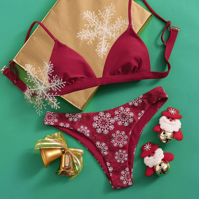 

Christmas Triangle Top With Snowflake Print High Cut Bikini, Burgundy