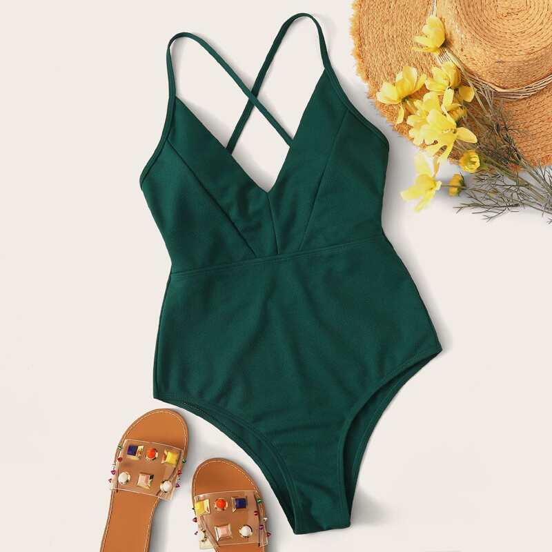 

Lace Up Back One Piece Swimsuit, Dark green