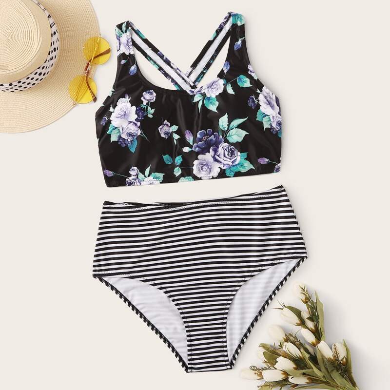 

Floral Random Print Criss Cross Top With High Waist Bikini, Multicolor