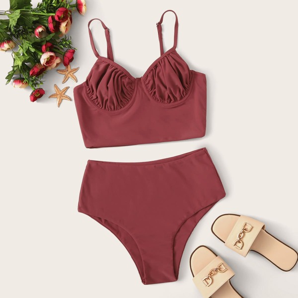 

Ruched Underwire Top With High Waist Bikini Set, Burgundy