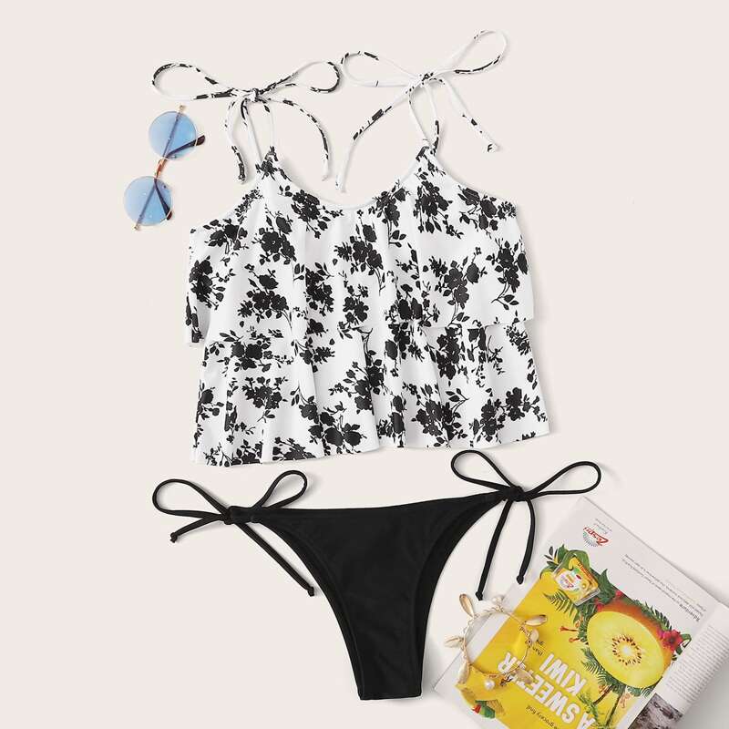 

Floral Random Print Top With Tie Side Tankini, Black and white