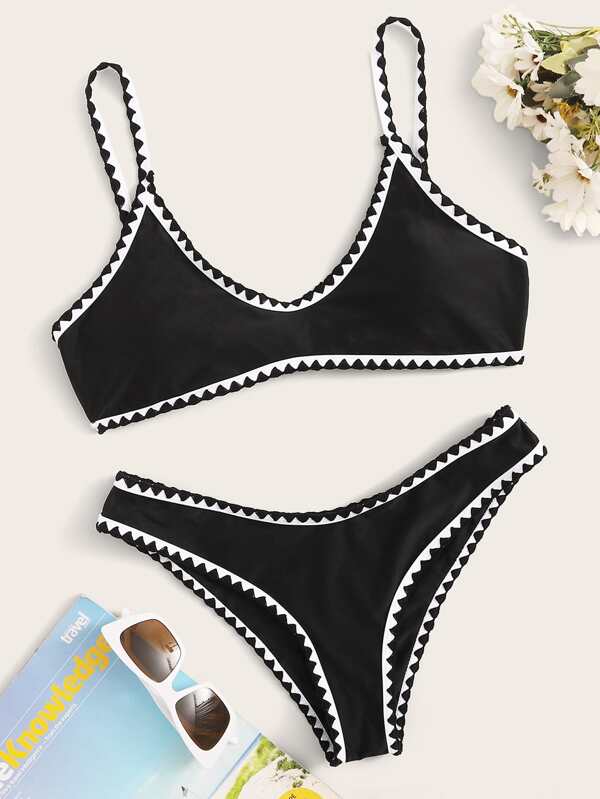 Contrast Binding Tie Back High Cut Bikini Swimsuit Shein Usa