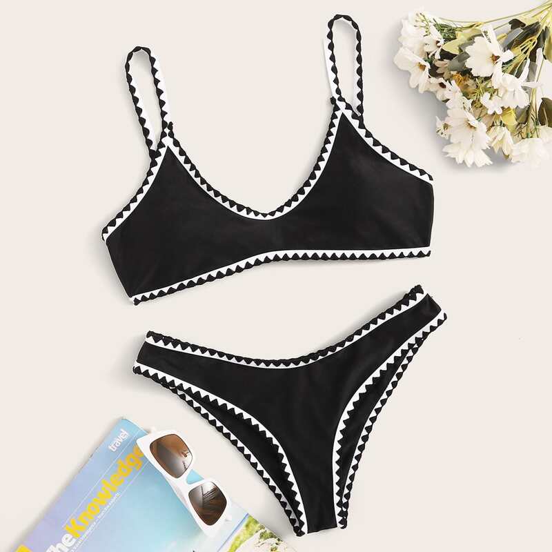 

Contrast Binding Tie Back High Cut Bikini Swimsuit, Black