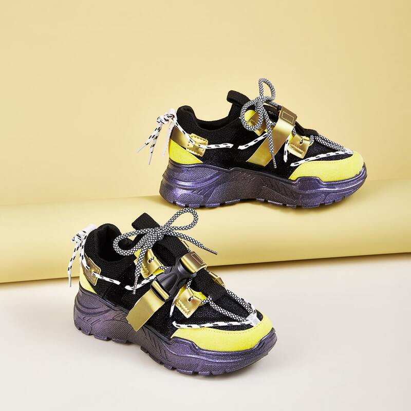 

Release Buckle Decor Metallic Chunky Sneakers, Multicolor