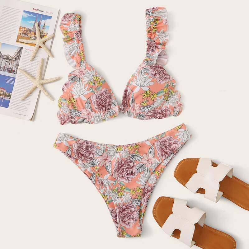 

Floral Random Print Triangle High Cut Bikini Swimsuit, Multicolor