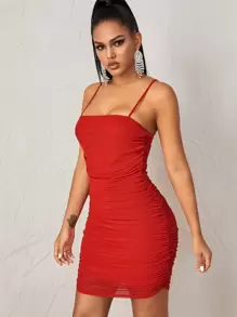 SHEIN BAE Ruched Mesh Bodycon Cami Mini Dress - Red - View 1