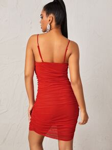 SHEIN BAE Ruched Mesh Bodycon Cami Mini Dress - Red - View 2