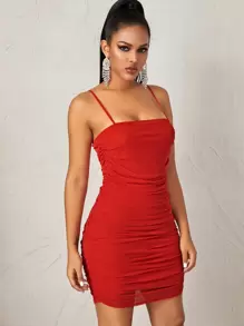 SHEIN BAE Ruched Mesh Bodycon Cami Mini Dress - Red - View 3