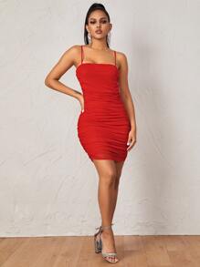 SHEIN BAE Ruched Mesh Bodycon Cami Mini Dress - Red - View 4