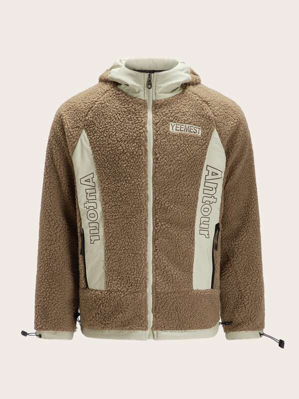 

Men Letter Graphic Fleece Hooded Coat, Khaki