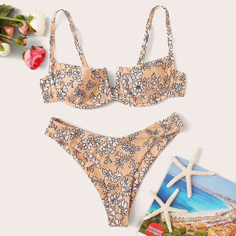 

Floral Random V Wired High Cut Bikini Swimsuit, Orange