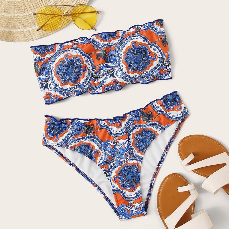 

Tribal Lace Up Back Bandeau Bikini Swimsuit, Multicolor