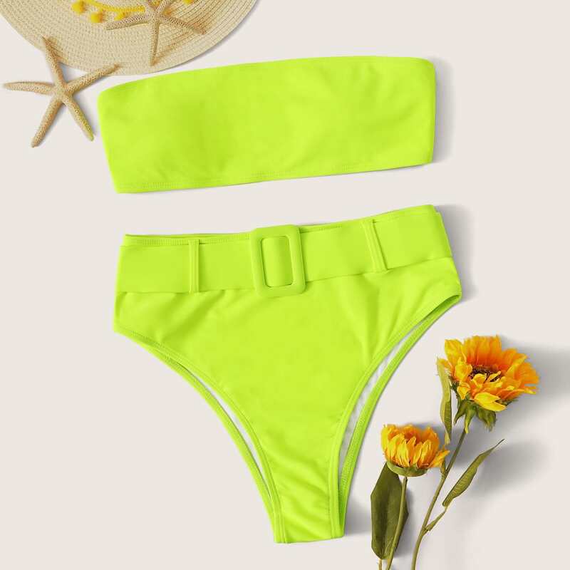 

Neon Lime Belted Bandeau High Waisted Bikini Swimsuit, Bright lime green