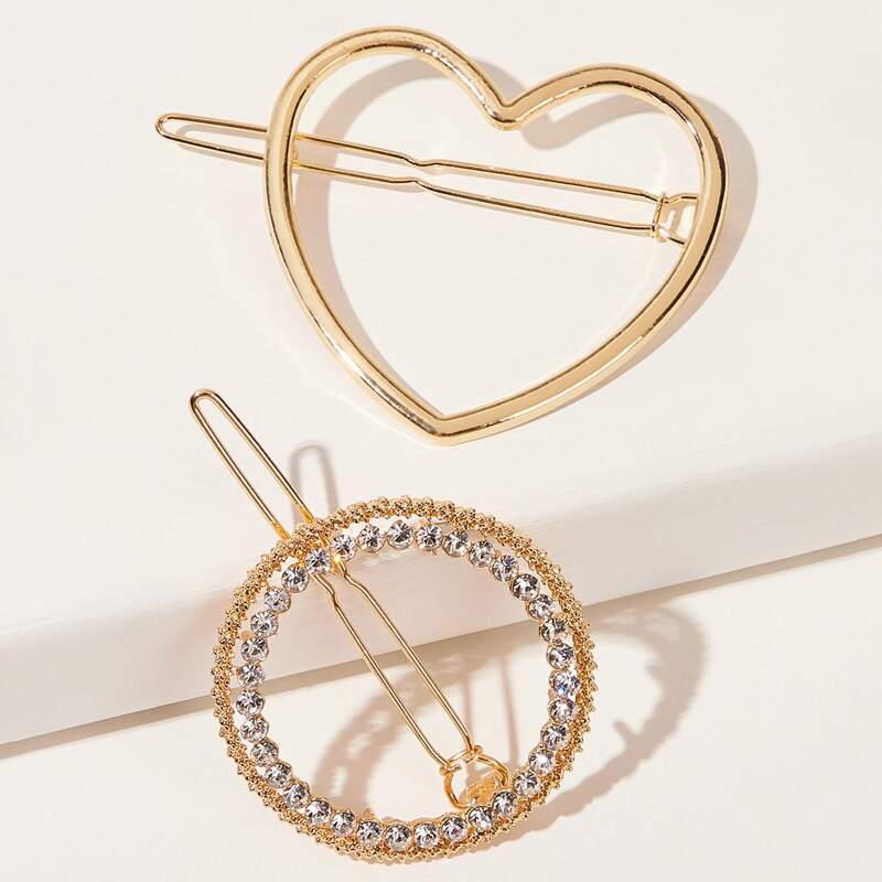 

2pcs Rhinestone Engraved & Heart Hair Clip, Gold