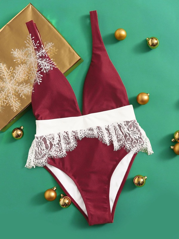 

Contrast Lace One Piece Swimwear, Burgundy