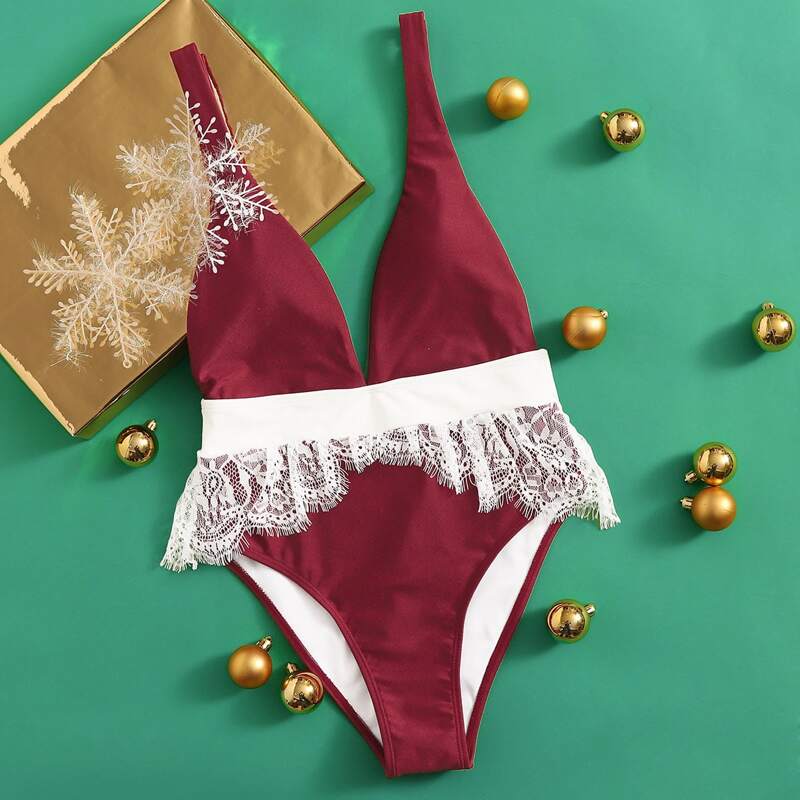 

Contrast Lace One Piece Swimwear, Burgundy