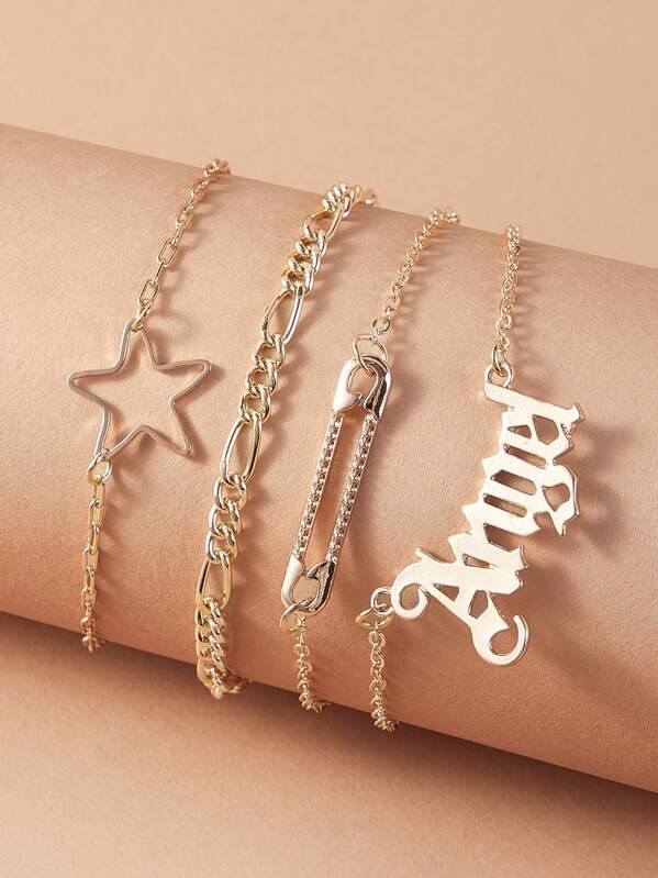 

4pcs Paper Clip & Star Chain Bracelets, Gold