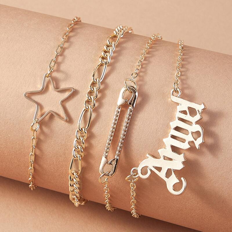 

4pcs Safety Pin & Star Chain Bracelets, Gold