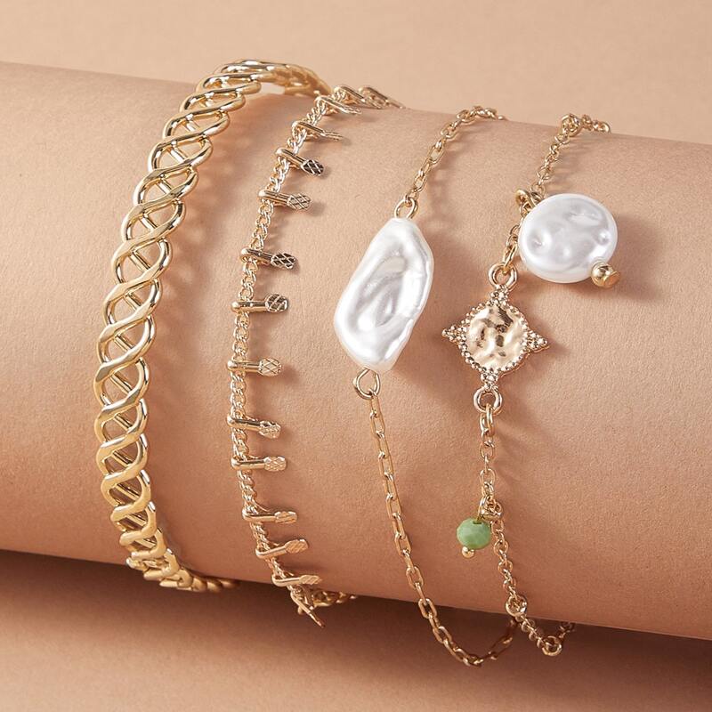 

4pcs Faux Pearl & Bead Decor Bracelets, Gold