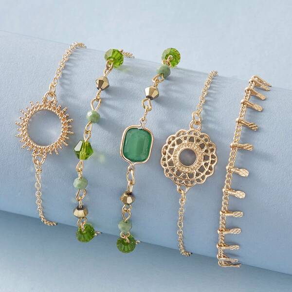 

5pcs Bead & Flower Decor Chain Bracelets, Multicolor