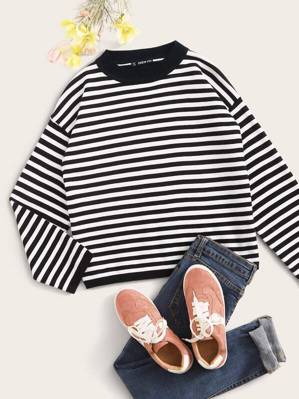 

Button Detail Mock-neck Striped Jumper, Black and white