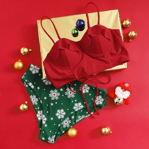 

Christmas Snowflake Underwire Top With High Waist Bikini Set, Multicolor