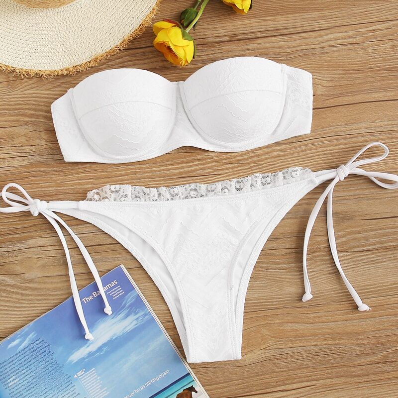 

Bandeau With Lace Trim Tie Side Bikini Swimsuit, White