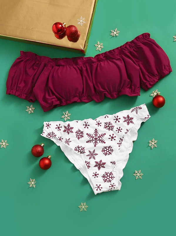 

Christmas Snowflake Frill Trim Bardot Bikini Set, Multicolor