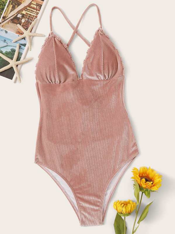 

Tie Back Velvet One Piece Swimwear, Pink