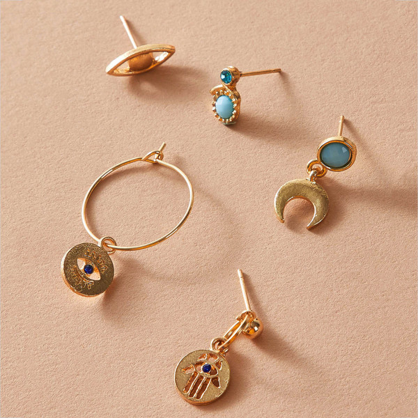 

5pcs Eye & Hand Earrings, Gold