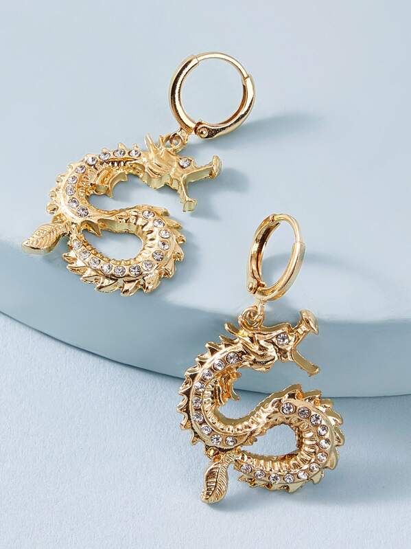 

1pair Rhinestone Engraved Dragon Drop Earrings, Gold