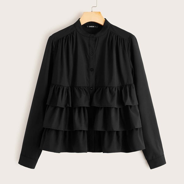 

Layered Ruffle Detail Asymmetrical Hem Blouse, Black