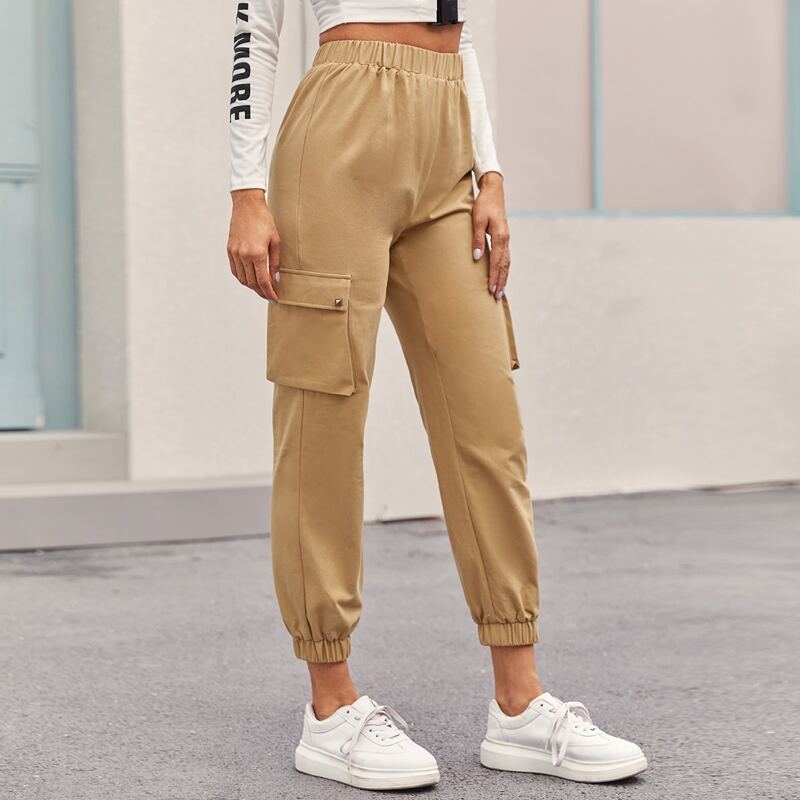 

Solid Flap Pocket Cropped Cargo Pants, Khaki