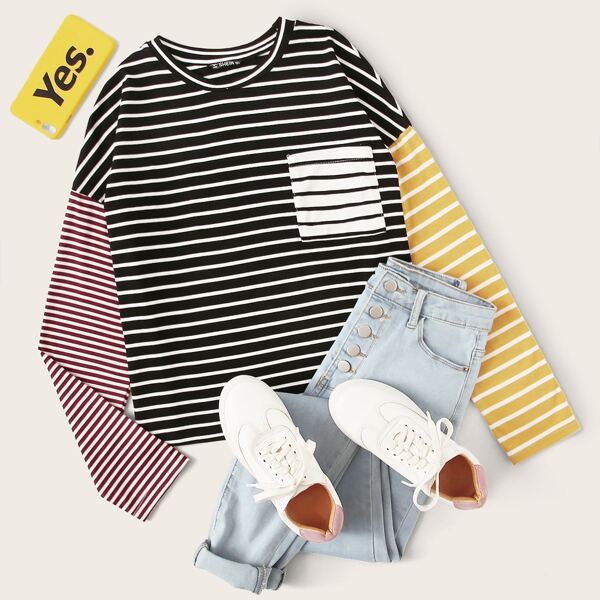 

Drop Shoulder Striped Colorblock Tee, Multicolor