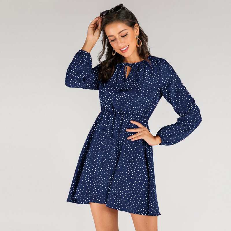 

Polka Dot Tie Front A-Line Dress, Navy