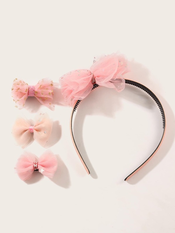 

4pcs Toddler Girls Mesh Bow Knot Decor Hair Acc, Pink