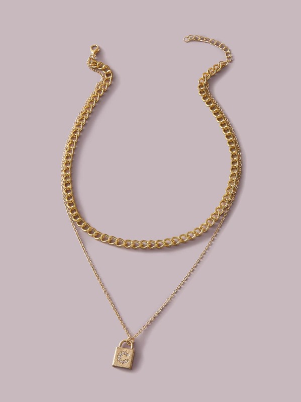 

1pc Lock Charm Chain Layered Necklace, Gold