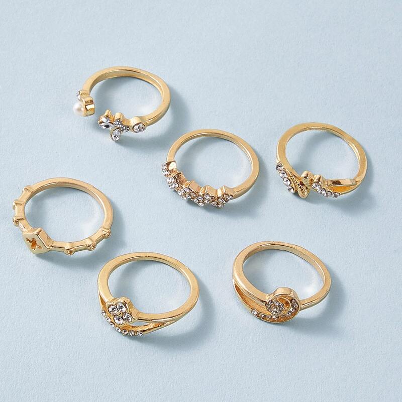 

6pcs Rhinestone Engraved Faux Pearl Rings, Gold