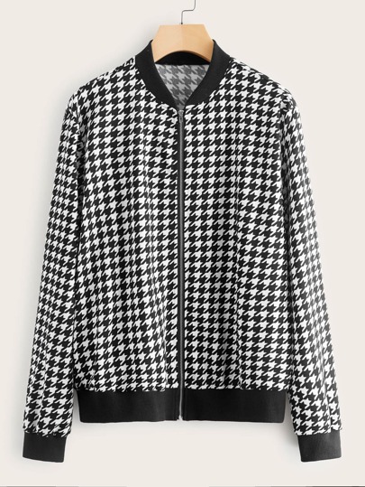 Zip Through Houndstooth Bomber Jacket