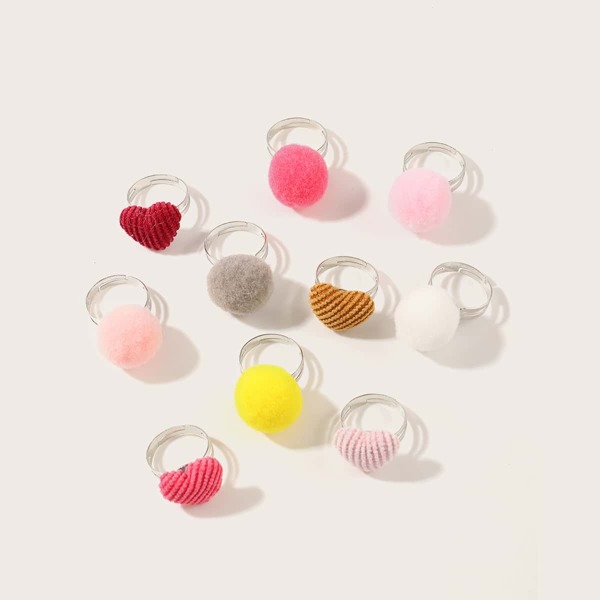 

10pcs Toddler Girls Pom Pom & Heart Decor Ring, Multicolor