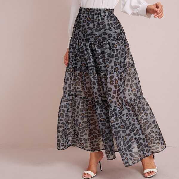 

Leopard Print Ruffle Hem Organza Skirt, Multicolor