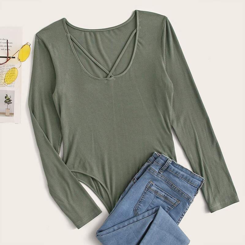 

Crisscross Neck Rib-knit Tee Bodysuit, Green