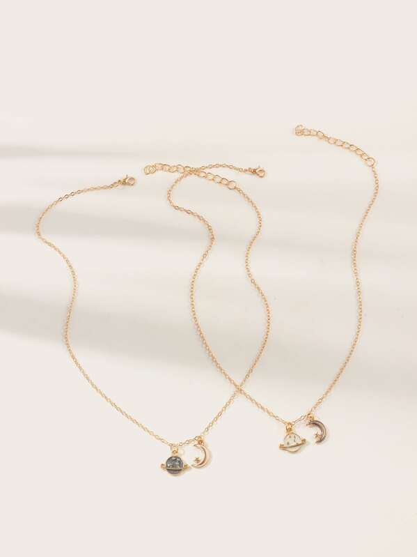 

2pcs Toddler Girls Planet & Moon Charm Necklace, Gold