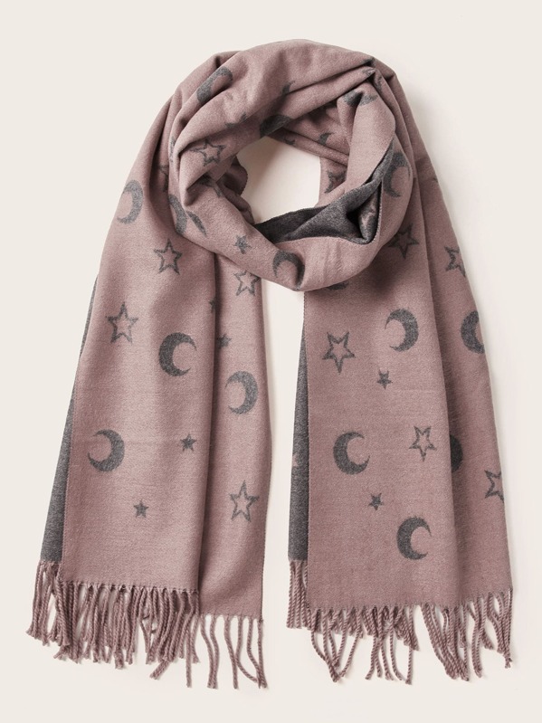 

Moon & Star Pattern Fringe Hem Scarf, Multicolor