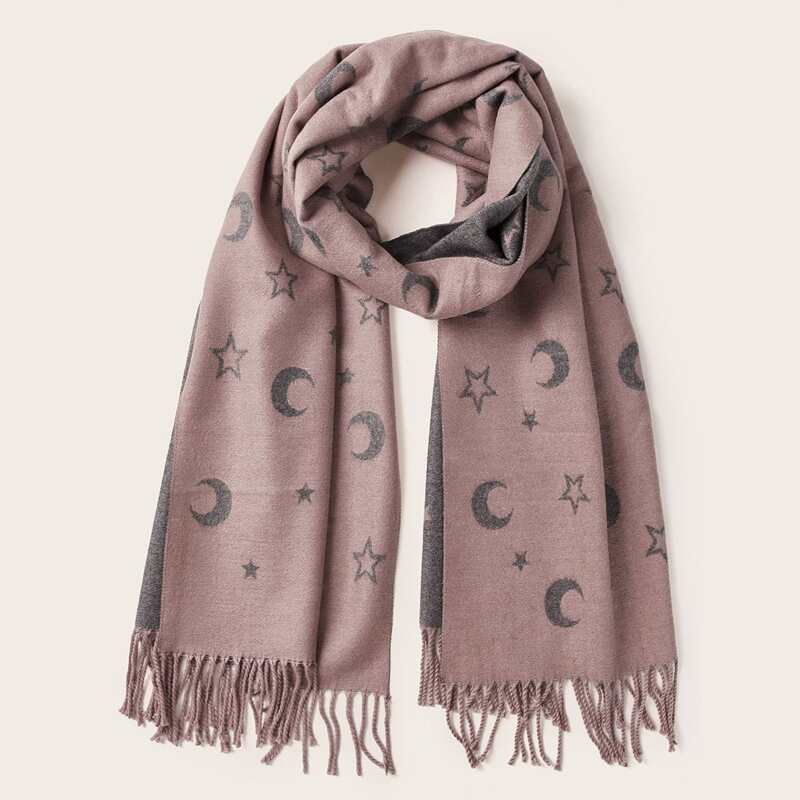 

Moon & Star Pattern Fringe Hem Scarf, Multicolor