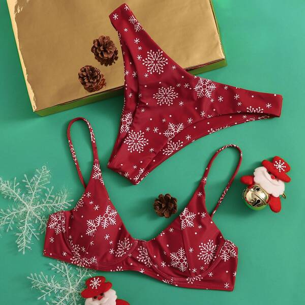 

Christmas Snowflake Print Underwire Top With High Cut Bikini Set, Burgundy