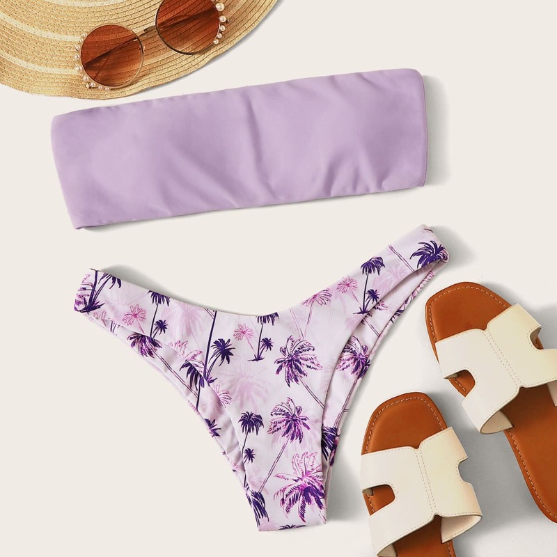 

Bandeau With Palm Random Print High Cut Bikini, Purple