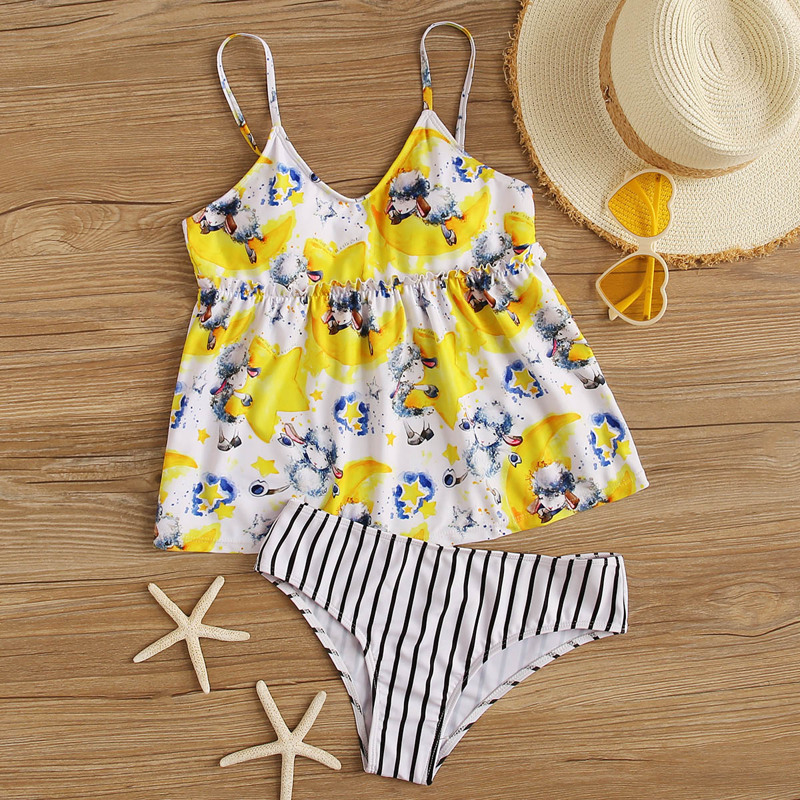 

Cartoon Graphic Top With Striped Brief Tankini, Multicolor