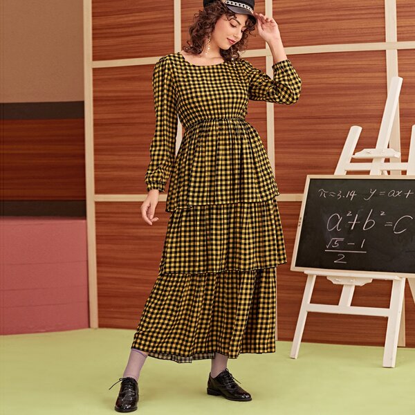 

Gingham Tiered Layer A-line Dress, Multicolor