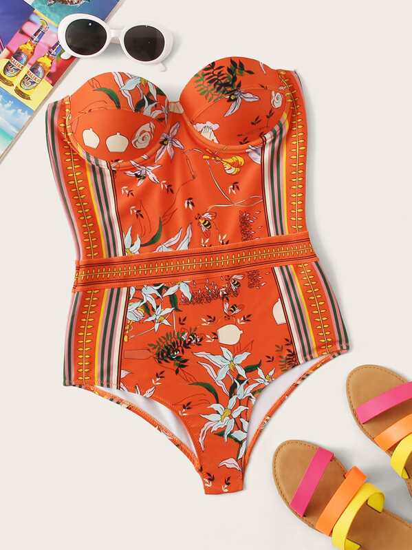 

Floral Print Underwire Bandeau One Piece Swimwear & Detachable Strap, Orange